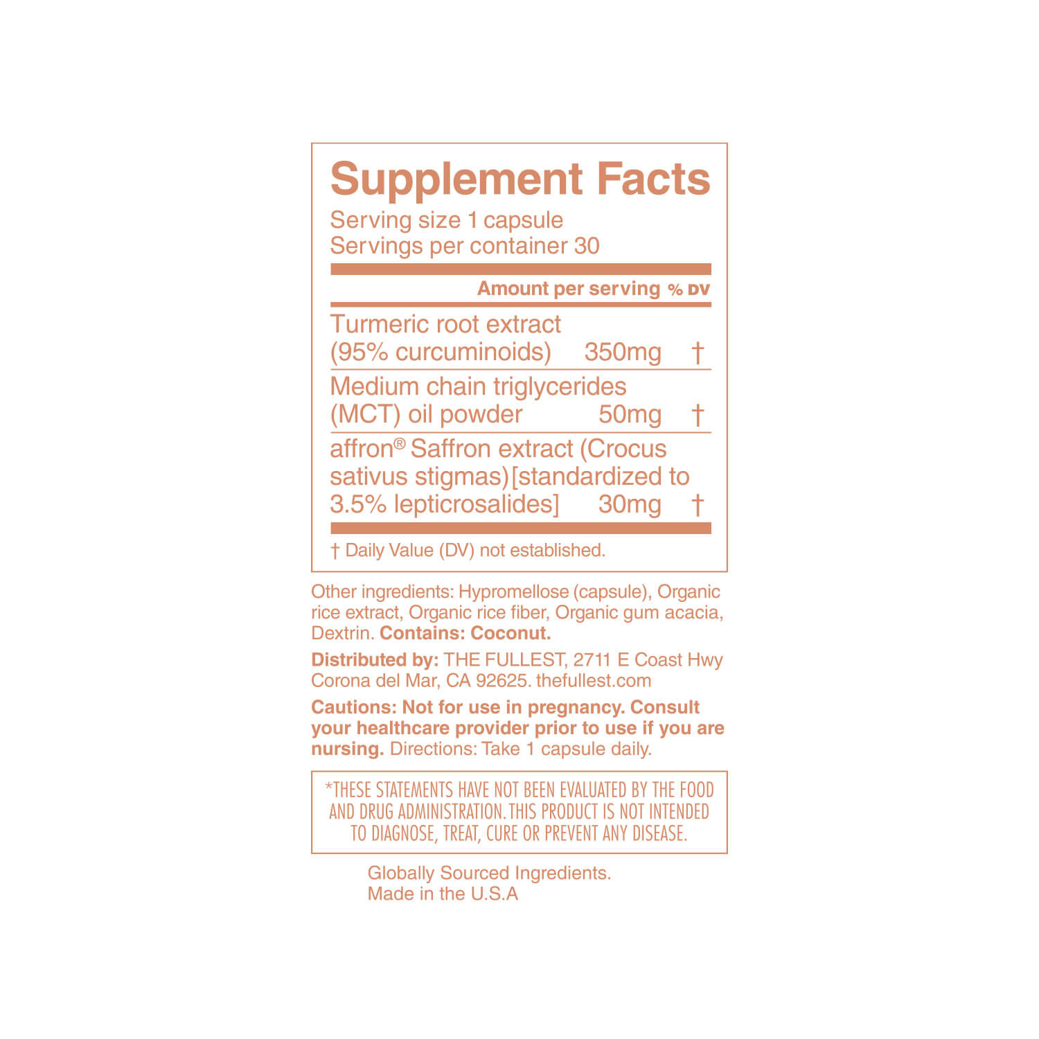The Fullest Kinder Thoughts™ Saffron + Turmeric Capsules Supplement Facts