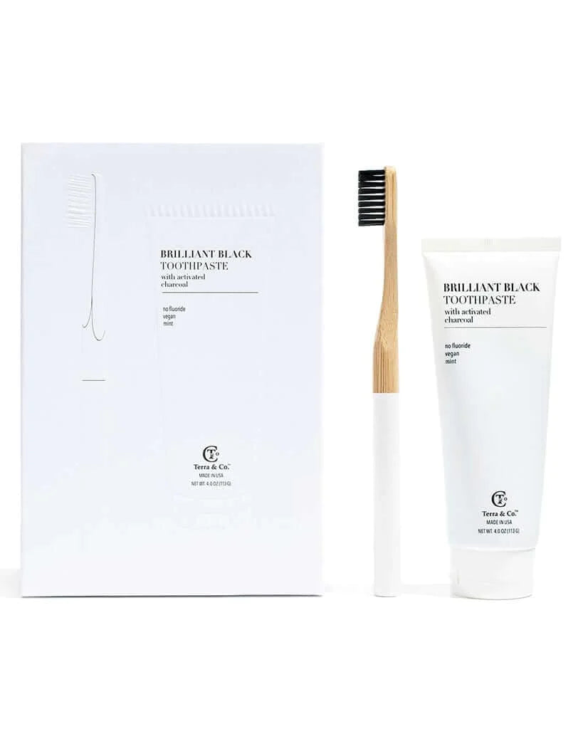 Terra & Co. | Brilliant Black Natural Charcoal Toothpaste + Bamboo Toothbrush Set